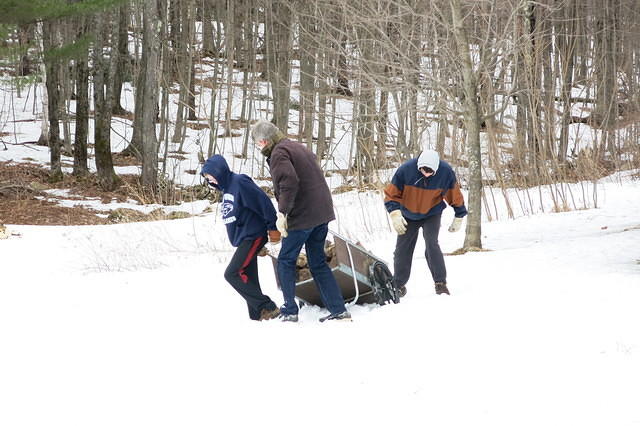 Trying to move wood. On wheels. In the snow.